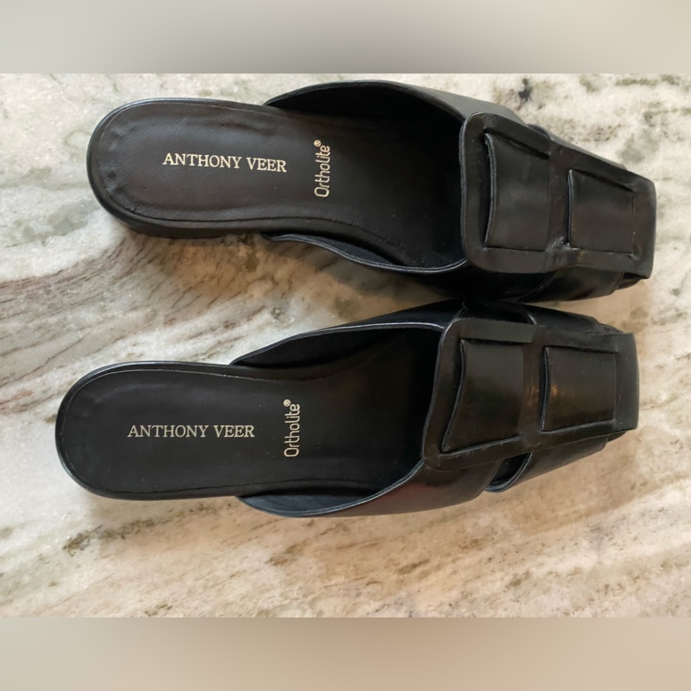 Anthony Veer Black Leather Slide Mules with Square Buckle - Picture 4 of 9